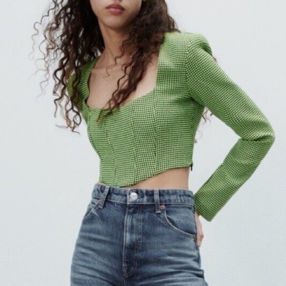 Zara 3067/006/509 houndstooth long sleeve corset top size S